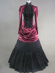 Victorian Dress Costume Burgundy Satin Long Sleeves Women's High Collar Ruffle Ball Gown Victorian era Clothing Carnival #409988