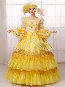Victorian Dress Costume Womenâs Victorian era Clothing Yellow Long Sleeves Ball Gown Dress Retro Costume Halloween #415511
