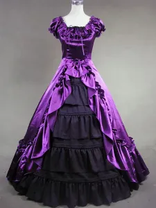 Victorian Dress Costume Women's Purple Satin Ruffle Short Sleeves Ball Gown Retro Victorian era Clothing Halloween #409406