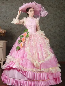 Victorian Dress Costume Women's Stand Collar Pink Vintage Victorian era Clothing Royal Ball Gown Pageant Costumes Dress Halloween #415487