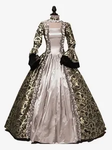Victorian Dress Costumes Blond Print Lace Ruffle Trumpet Long Sleeves Square Neckline With Choker Victorian Era Clothing Vintage Costumes Clothing #445298