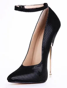 Black Leather Snake Print Ankle Strap Pointed Toe Sexy Pumps #403690