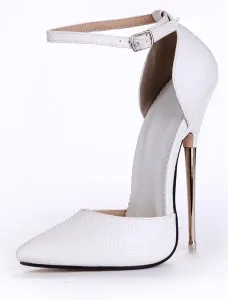 White Leather Pointed Toe Ankle Strap Sexy Pumps #403699