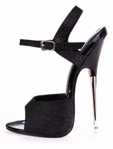 Black Sequined Cloth Buttons Peep Toe Womens Sexy Sandals #403717