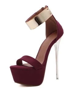 Burgundy Sexy Sandals 2023 Women High Heel Sandals Platform Metal Details Ankle Strap Sandal Shoes #414691