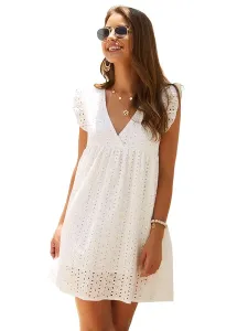 White Shift Dresses Short Sleeve V-Neck Cotton Attractive Summer Tunic Dress #464383