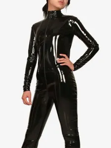 Black Long Sleeves Shiny Metallic fabric Catsuit Front Zipper Unisex Body Suit #405365