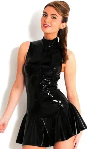 Black Patent Leather Dress Sleeveless Shiny Metallic Dress