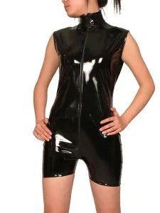 Black Sleeveless Shiny Metallic Fabric Shorts Style Front zip Catsuit For Women #408006