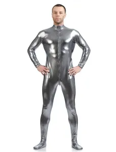 Gray Adults Bodysuit Cosplay Jumpsuit Shiny Metallic Catsuit for Men #406887