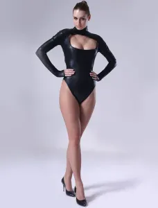 Sexy Black Bodysuit Shiny Metallic Fabric Leotard Hallow Bust Style #408196