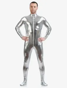Silver Adults Bodysuit Shiny Metallic Catsuit for Men #406912