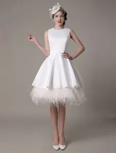 A-Line Wedding Dress Knee-Length Feather Tiered Satin Bow Bridal Dress Free Customization #411532