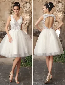 Ivory Short Bridal Dress Backless Lace Sweetheart Neckline Tulle Sequins Wedding Dress Free Customization #403660