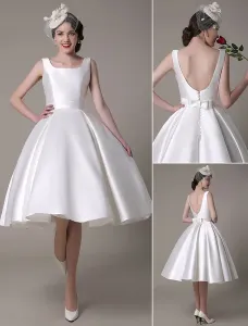 Ivory Short Wedding Dress Scoop Backless Knee Length Satin Wedding Gown Free Customization #406632