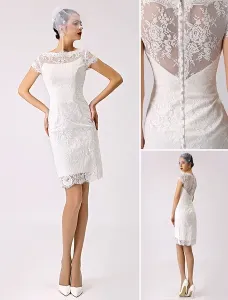 Short Simple Wedding Dress Lace Illusion Short Sleeve Sheath Reception Dress For Bride Free Customization #405117
