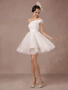 Short Wedding Dress 2023 Organza One-Shoulder A-Line Backless Satin Mini Summer Bridal Dresses Free Customization #413263