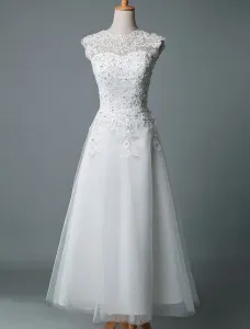Vintage Wedding Dress Tea Length Jewel Neck Sleeveless A Line  Tulle Short Bridal Dress