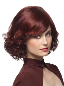 Burgundy Short Wigs Women's Curls At Ends Tousled Synthetic Wigs With Side Bangs