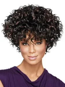 Women's Short Wigs African American Deep Brown Curly Tousled Synthetic Afro Hair Wigs With Bangs