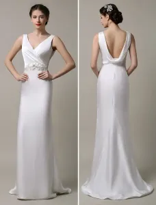 Ivory Satin Cowl Back V Neckline Sash Beaded Embellished Wedding Dress Free Customization #405372