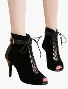 Black Ankle Boots High Heel Booties Peep Toe Lace Up Detail Sandal Booties #405146