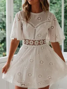 Summer Dresses White Jewel Neck Cut Out Sundress #451142