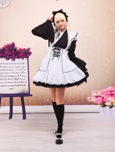 Black Cotton Lolita OP Dress and White Apron Long Sleeves with Lace Up