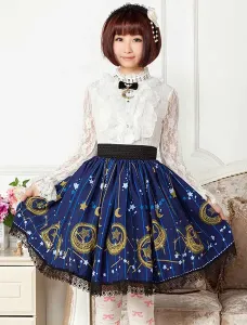 Deep Blue Star Printed Polyester short Lolita Skirt dress for Girls #406494
