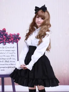 Gothic Lolita Dress SK Black High Waist Ruffles Cotton Lolita Skirt #407327