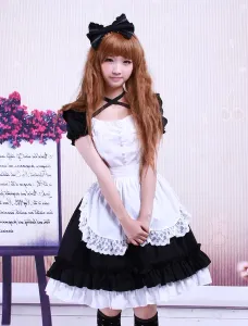 Sweet Black Cotton Maid Lolita One-piece White Apron Short Sleeves Lace Trim #407374