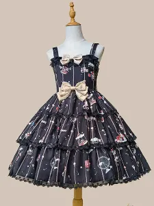 Sweet Lolita JSK Dress Polyester Sleeveless Bowknot Navy Blue Lolita Jumper Skirt #559192