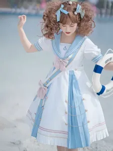 Sweet Lolita OP Dress Polyester Short Sleeves Bows Navy Blue Lolita One Piece Dress #554047