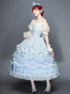Sweet Lolita OP Dress Polyester Short Sleeves Light Blue Sweet Lolita One Piece Dress #929923