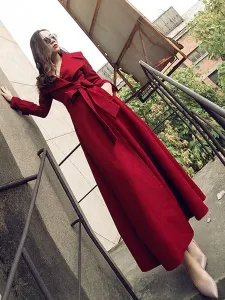 Coat For Woman Red V Neck Long Sleeves Sash Stretch Casual Winter Coat #534865
