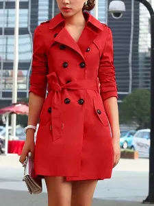 Outerwear For Woman Turndown Collar Buttons Retro Khaki Wrap Coat #490742