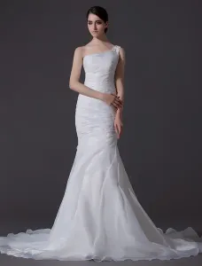 Ivory One Shoulder Ruched Organza Beaded Mermaid Wedding Dress Free Customization #403247