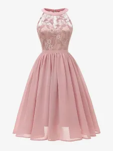 1950s Retro Dress Pink Sleeveless Jewel Neck Lace Polyester Swing Dress #487182
