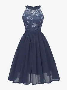 1950s Retro Dress Pink Sleeveless Jewel Neck Lace Polyester Swing Dress #487183