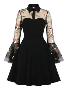 1950S Retro Dress Turndown Collar Cut Out Layered Long Sleeves Knee Length Printed Rockabilly Dress #511412