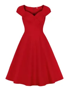 1950s Vintage Dress Red Layered Pleated Sleeveless Sweetheart Neck Red Swing Dress #511402