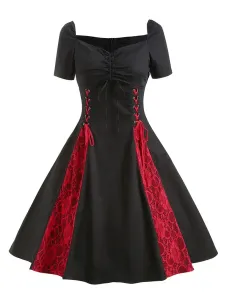 Black Vintage Dress 1950s Short Sleeve Lace Up Two Tone Retro Dress #428796