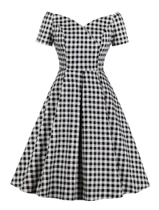 Black Vintage Dress 1950s Short Sleeve V Neck Plaid Retro Dresses #428802