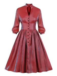 Christmas Retro Dress 1950s Red Ombre Woman's Long Sleeves V Neck Rockabilly Dress #442889