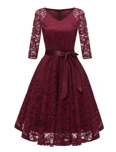 Lace Vintage Dress V Neck Bows Solid Color Party Dress #424865