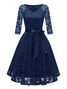 Lace Vintage Dress V Neck Bows Solid Color Party Dress #424866