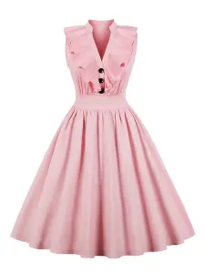 Pink Vintage Dress V Neck Ruffles Buttons Cotton Swing Summer Dress #423770