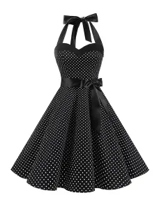 Polka Dot Vintage Dresses Halter Bows Backless Cotton Retro Pin Up Dress #423304