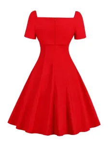 Red Vintage Dress Short Sleeve Lace Drawstring Lace Up Two Tone Swing Dress #426333
