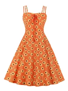 Vintage Dress 1950s Sleeveless Straps Neck Bows Knotted Sleeveless Floral Print Rockabilly Retro Swing Dress #458095